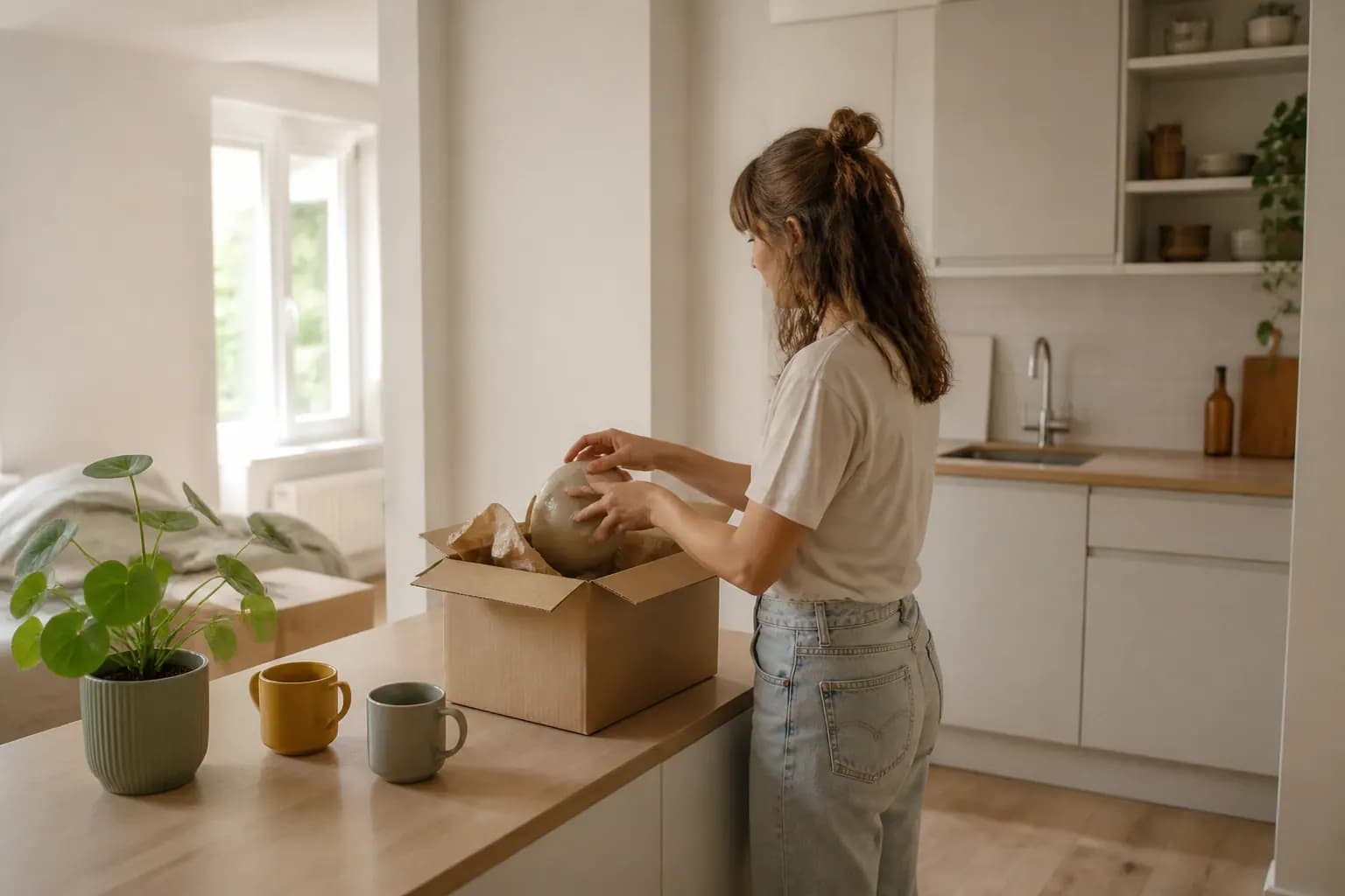 A young adult unpacking a box onto the kitchen counter of a bright compact studio
