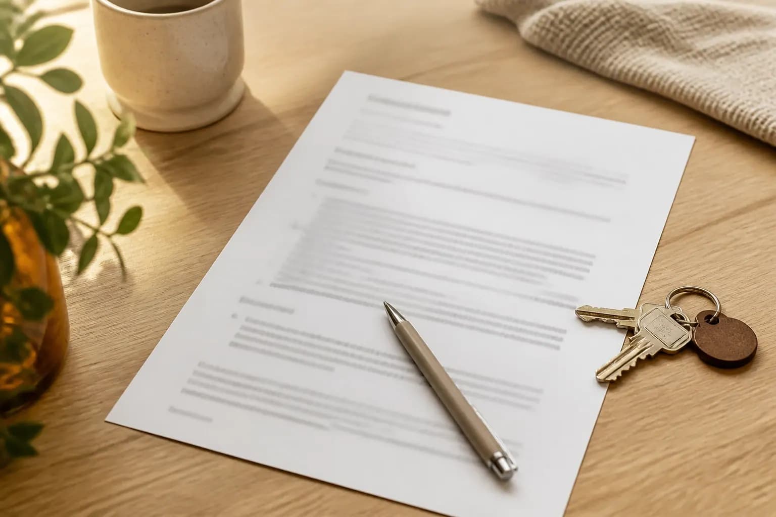 A lease agreement and a pen on a pale oak desk beside a set of keys